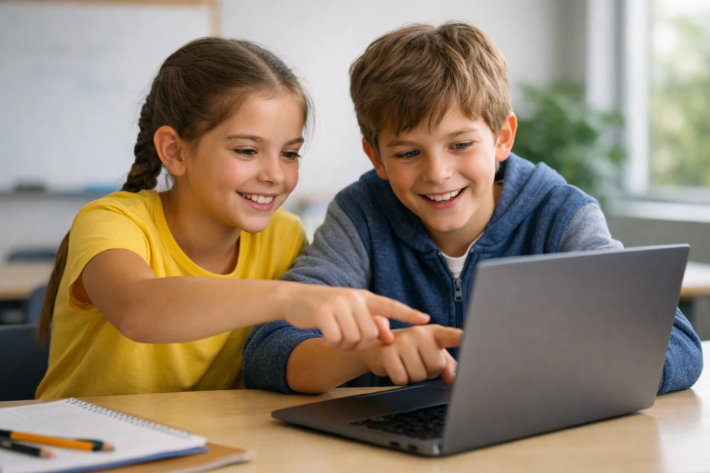 Two kids with ADHD collaborating on a coding project, building teamwork and communication skills
