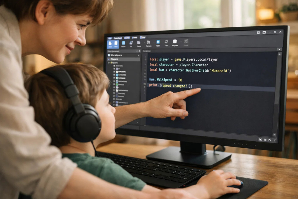 Parent and child reviewing Roblox Studio code together on a desktop computer at home