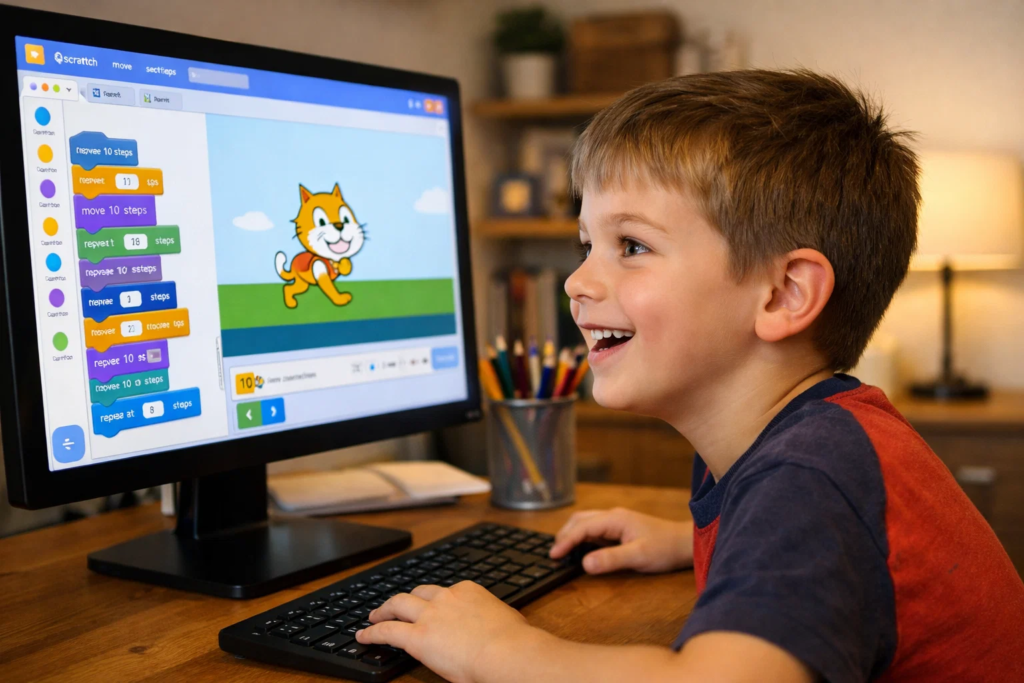 ADHD child engaged and smiling while using Scratch coding platform on desktop computer