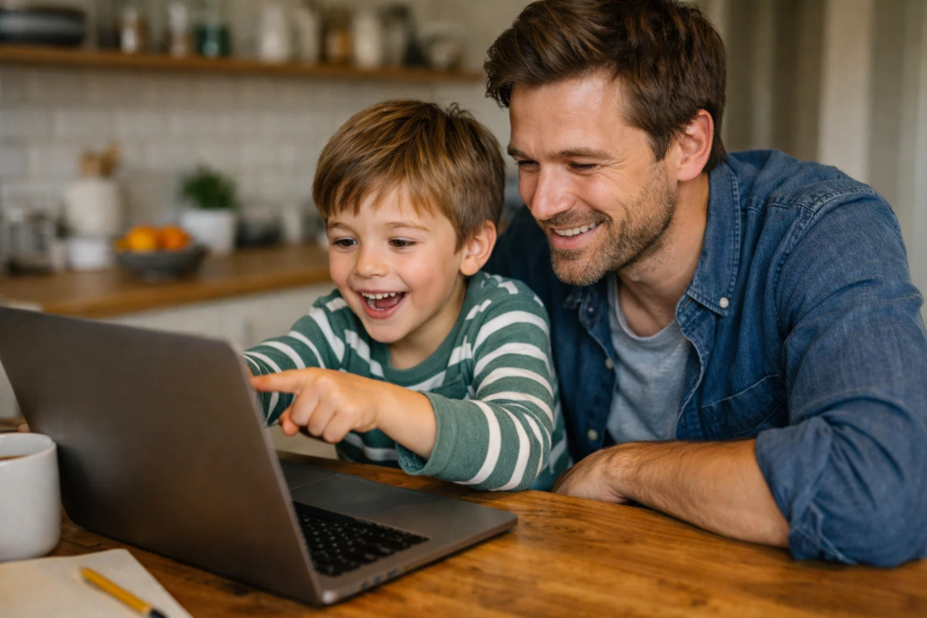 Parent and child exploring online coding classes for homeschoolers together at home