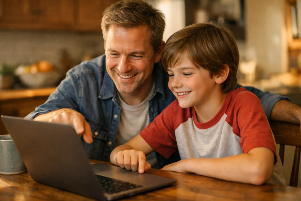 Parent and child with ADHD sitting together, reviewing a coding project — supportive home learning environment