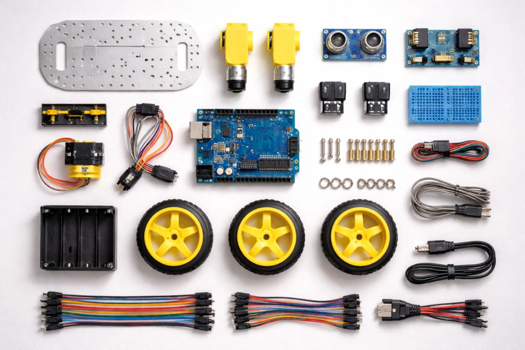 Beginner robotics kit components laid out — wheels, sensors, and wires for kids.