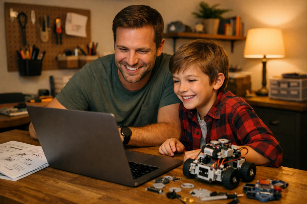 Parent and child reviewing robotics kit instructions together — guided learning at home.