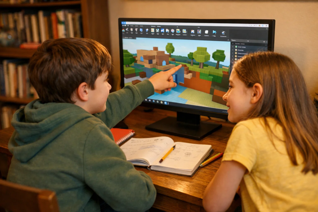 Kids learning Roblox Studio game development skills on a laptop at home