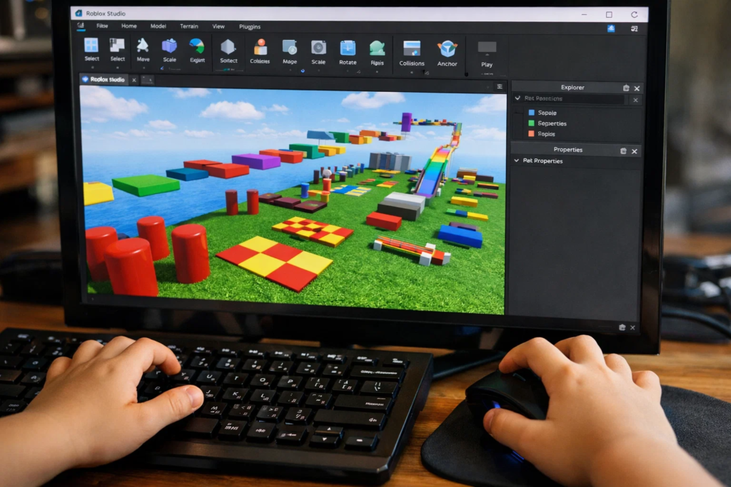 Roblox treasure hunt adventure map with terrain editor and hidden chests in Roblox Studio