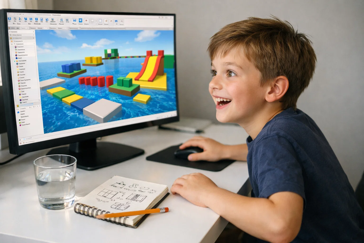 Child building a beginner Roblox game project in Roblox Studio on a bright desktop computer