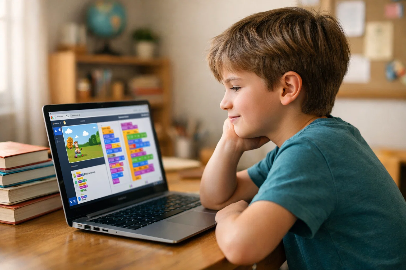 Child doing online coding classes for homeschoolers at a home desk with a laptop and coding interface