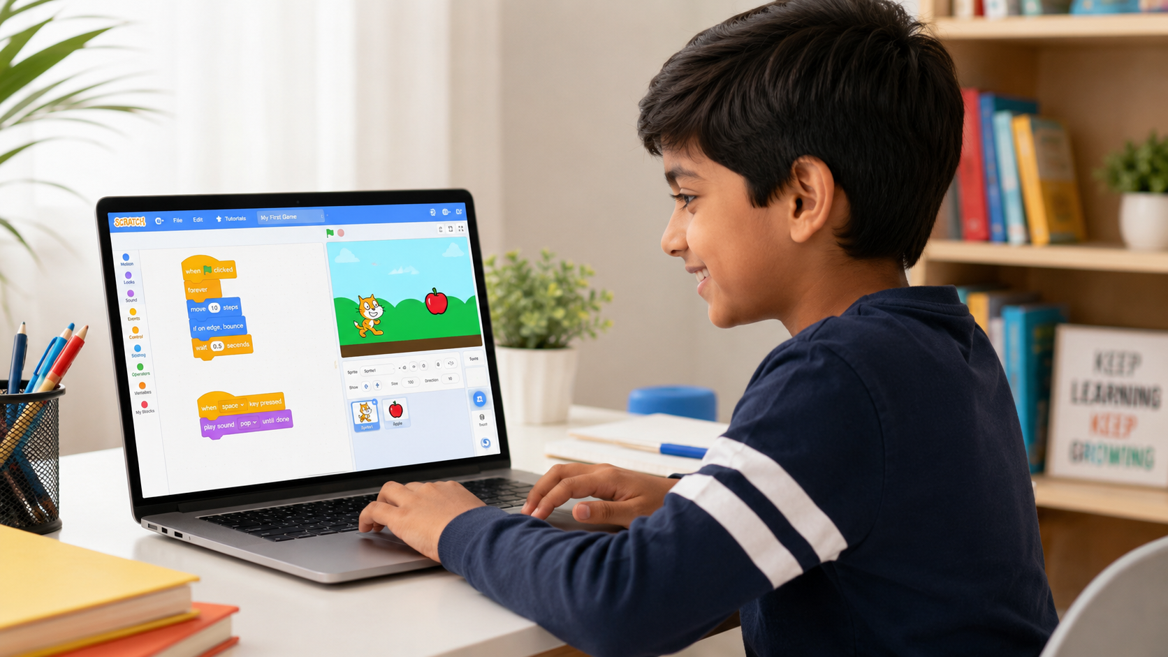 Young child learning Scratch coding on a laptop at home — ideal age to start Scratch programming