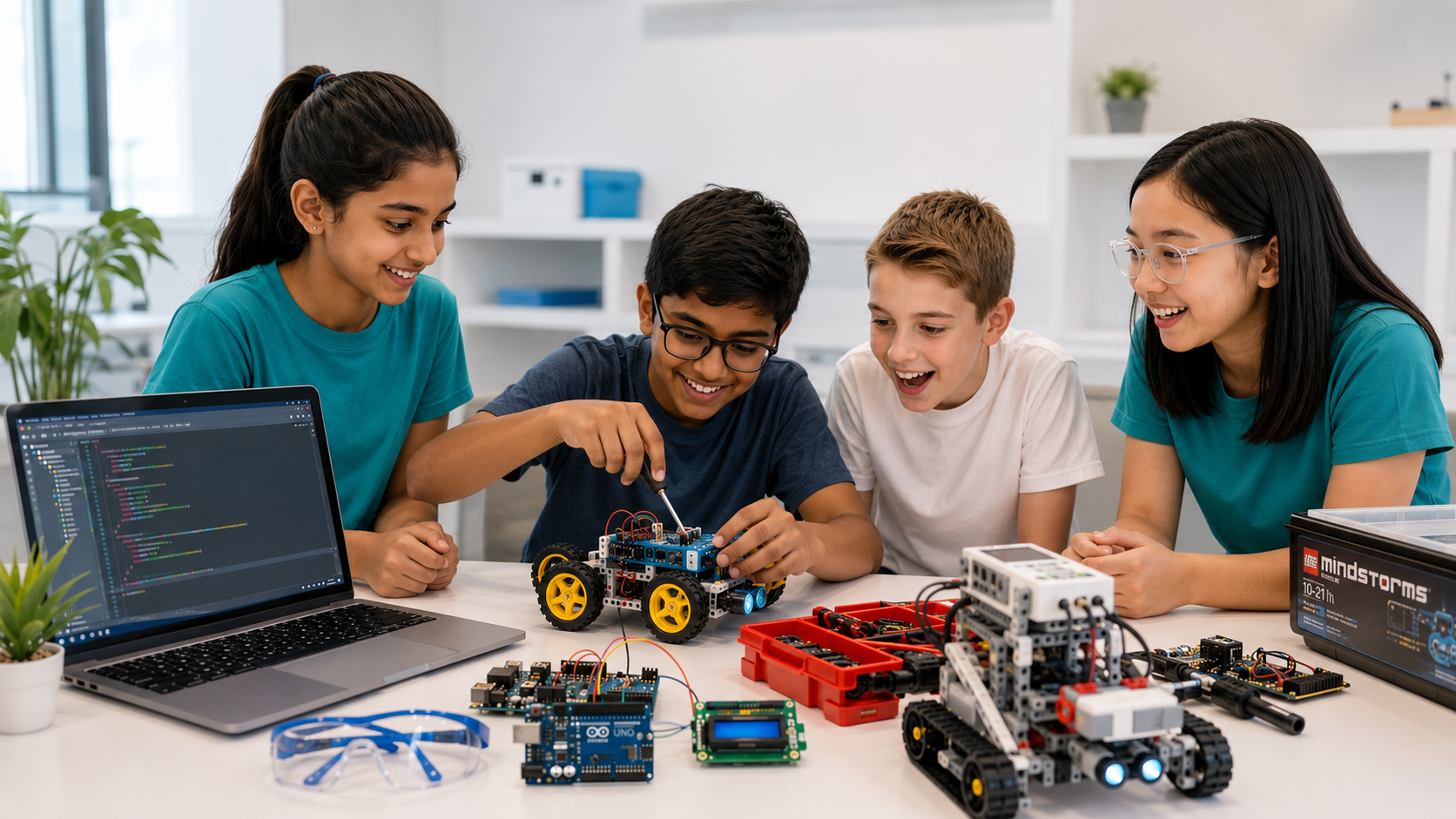 Robotics for kids — children building robots at an ItsMyBot STEM coding class