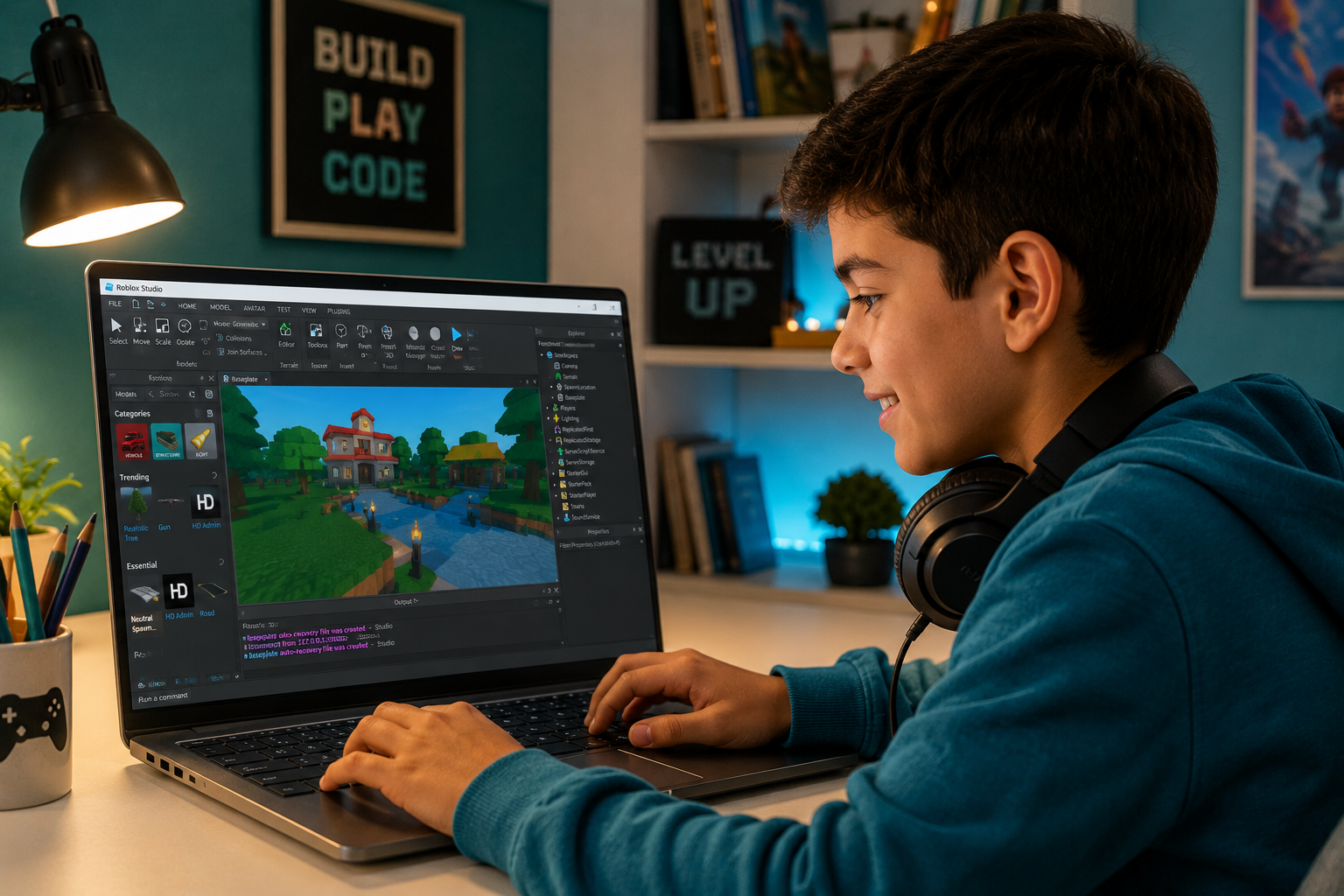 Child using Roblox Studio on a laptop in a modern bedroom workspace with headphones and warm lighting