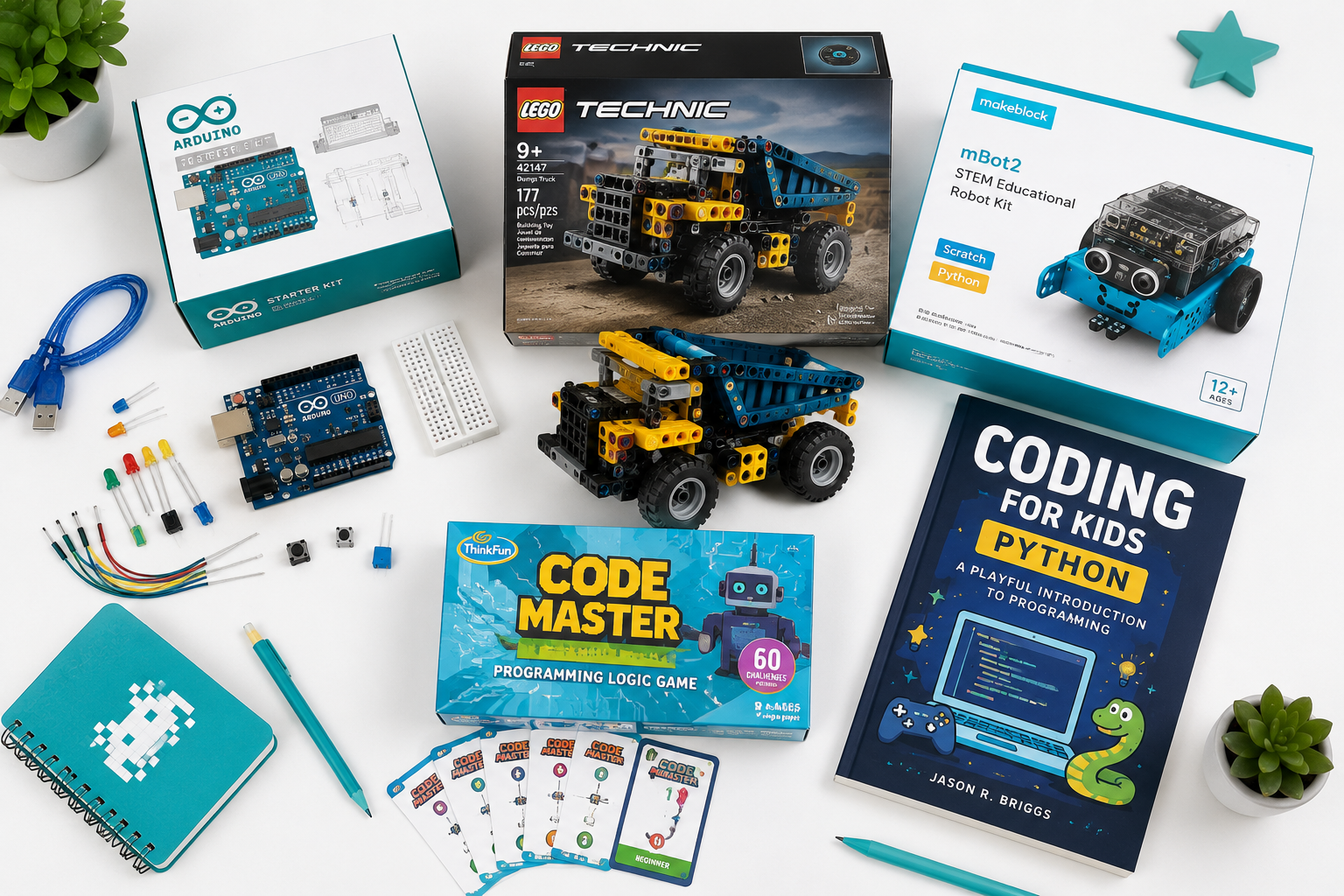 Flat-lay of coding gifts for kids including Arduino kit, LEGO Technic set, robotics kit, coding game, and book.