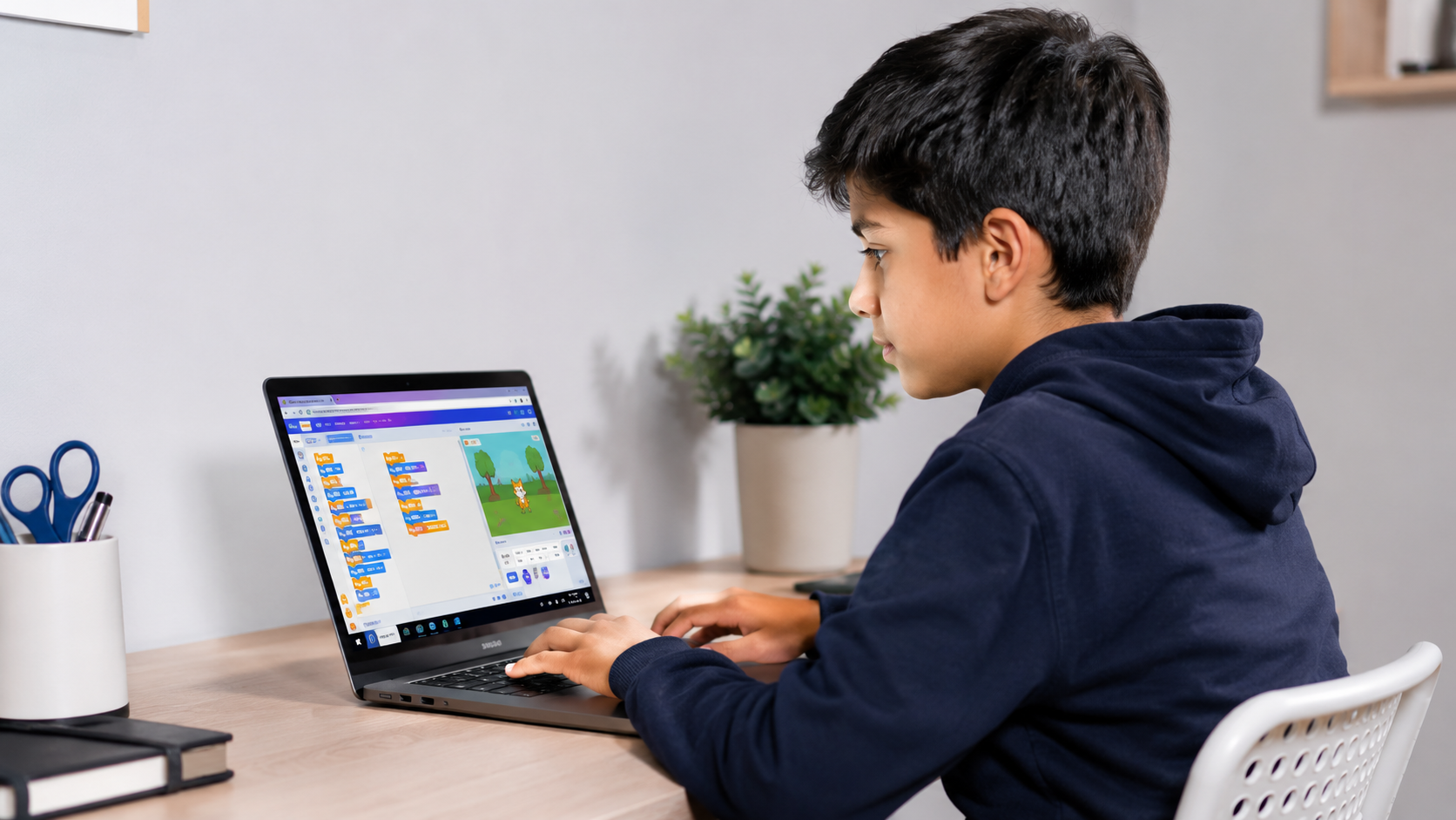 Child using a Chromebook with a colourful coding platform open at a clean minimalist desk with natural light.