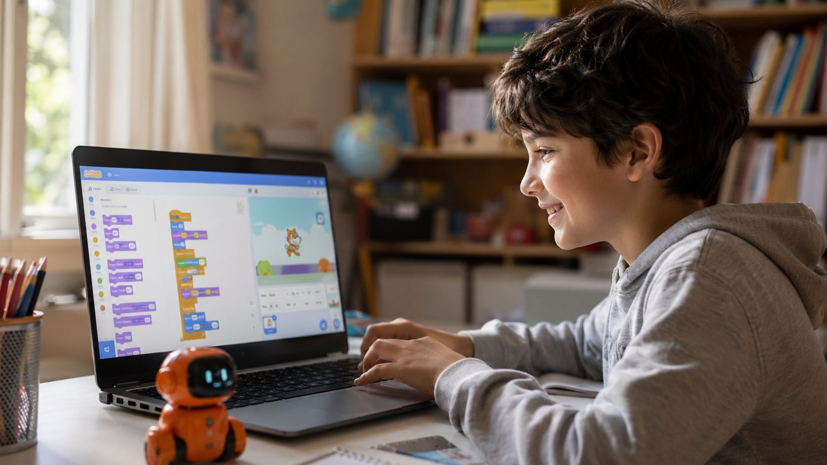 Child learning Scratch coding on a laptop at a bright desk with robot toy and warm natural window light.