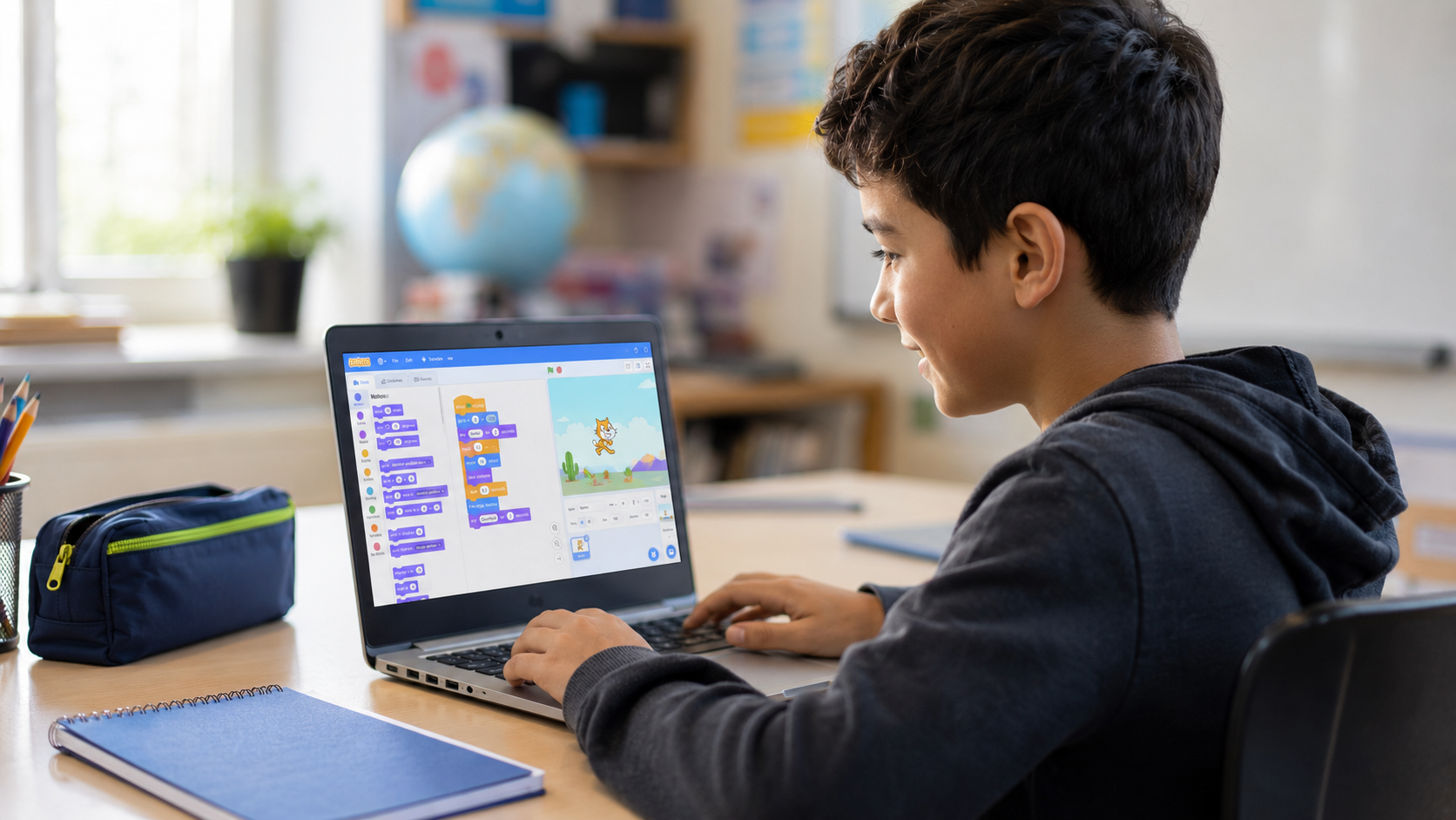 Child smiling proudly while sitting cross-legged on a bed using a Chromebook with a completed Scratch game project open.