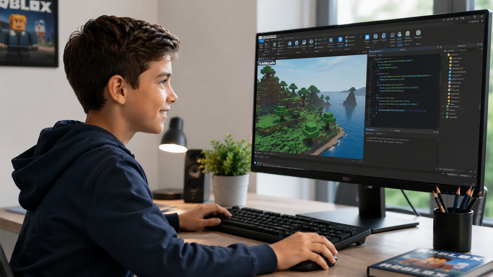 Child working on a Roblox coding course for kids using Roblox Studio on a desktop computer