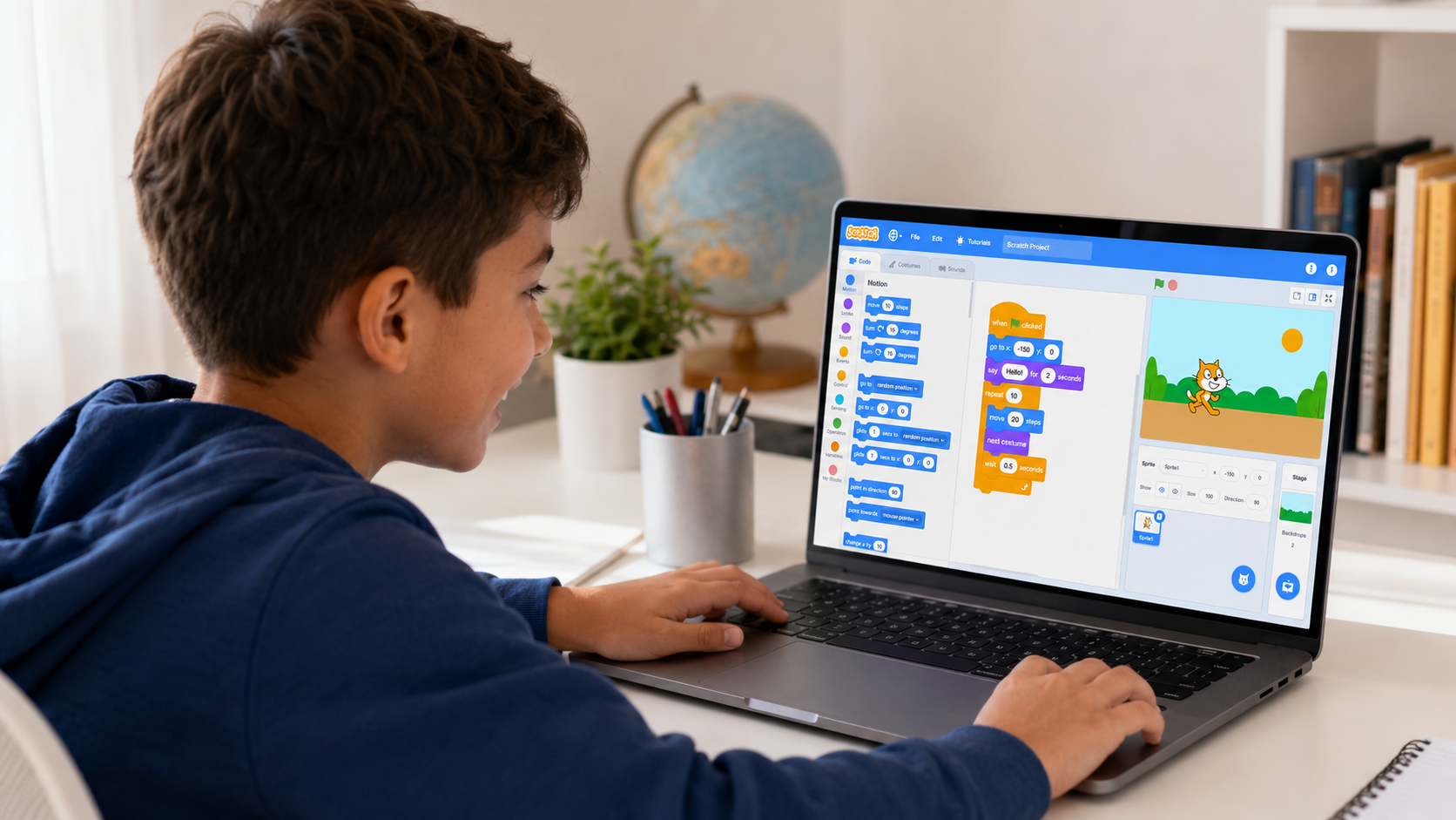 Child learning Scratch coding for kids on a laptop with colourful block-based programming interface