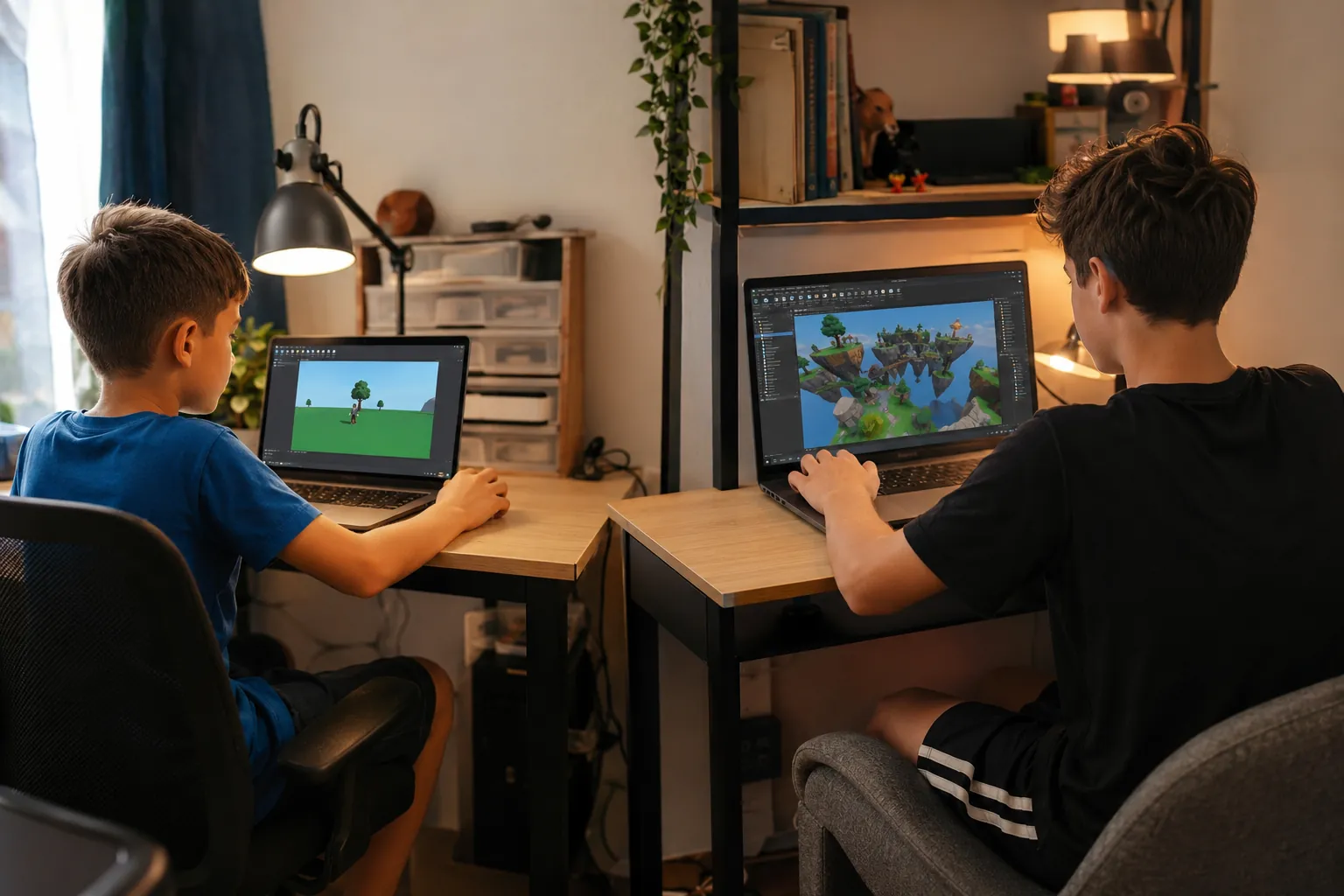 Two boys at adjacent desks playing and building coding games