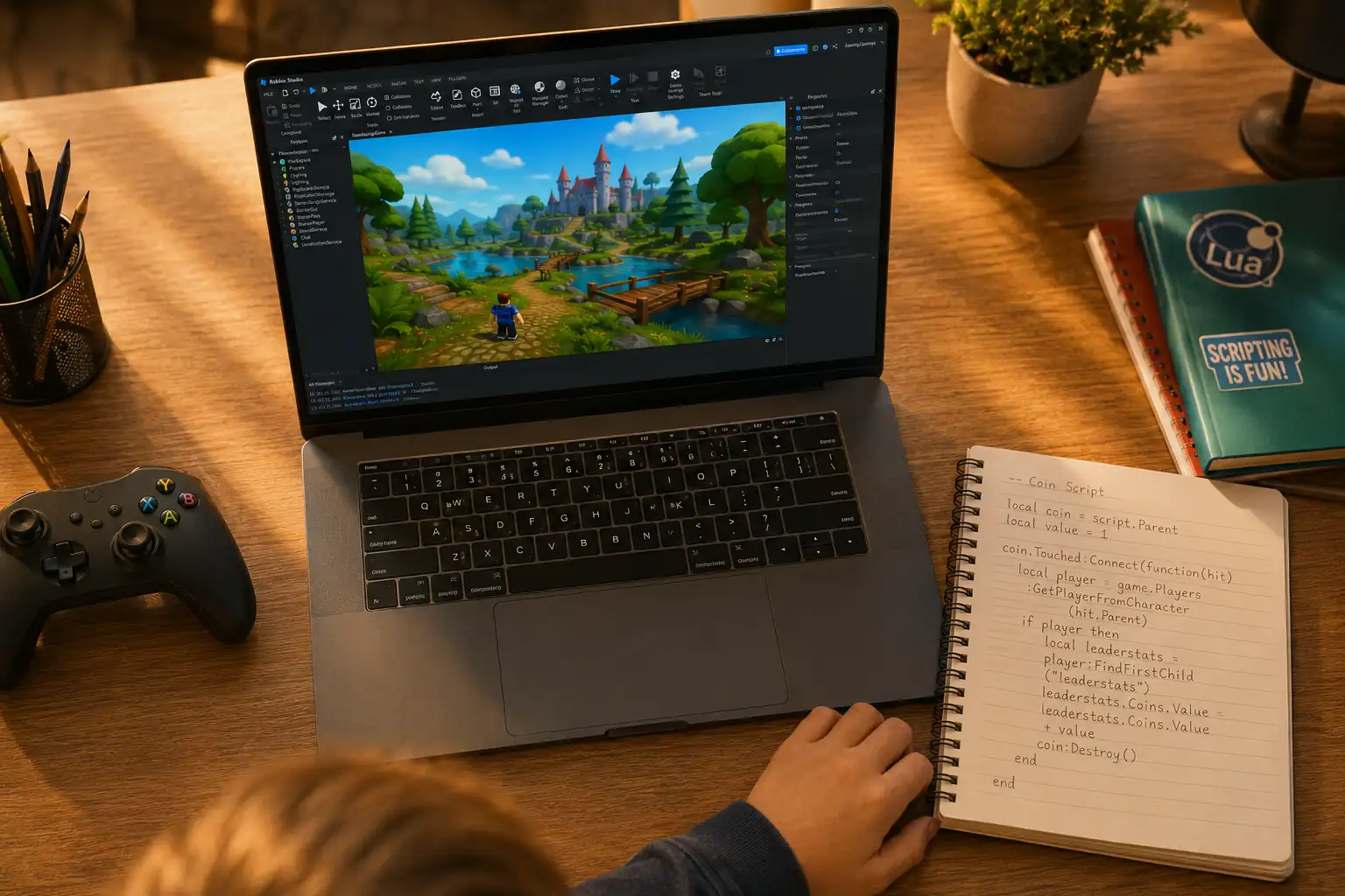 Desktop computer set up for kids' coding games