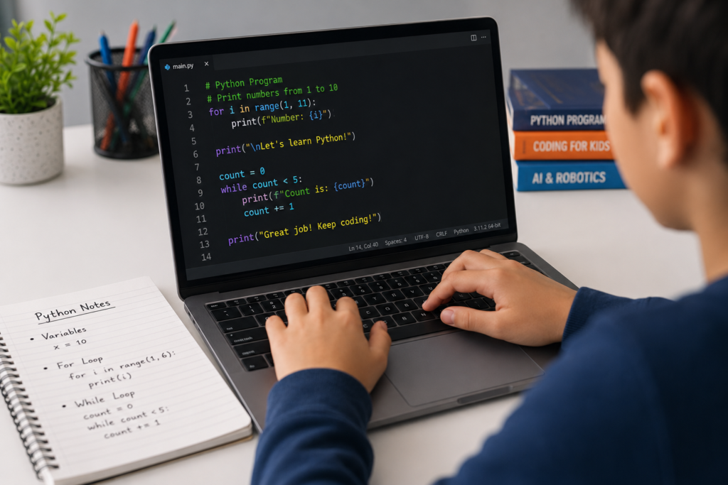 Kid typing Python code during ItsMyBot online coding class