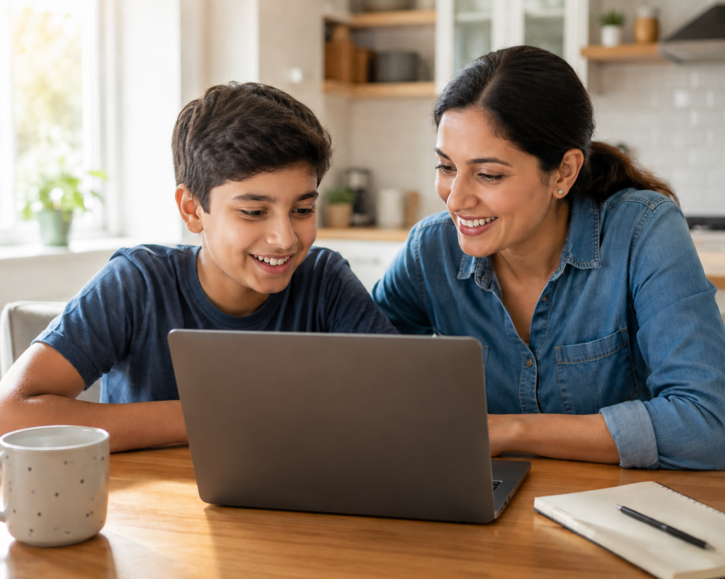 Parent and child reviewing Python course progress on ItsMyBot platform