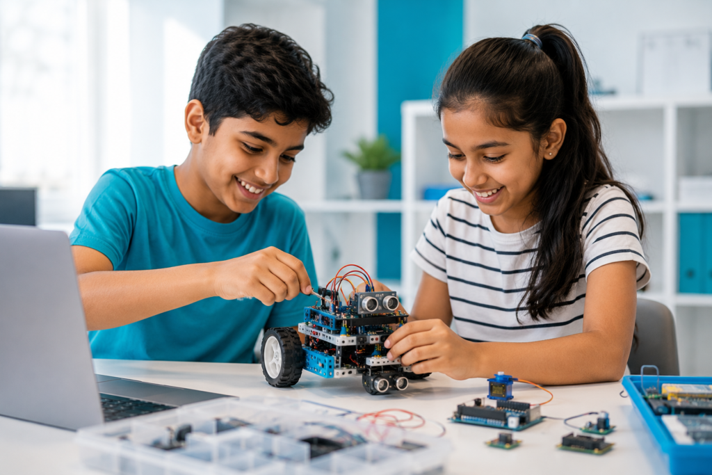 Kids building a wheeled robot in a STEM classroom with coding tools and robotics components on desk