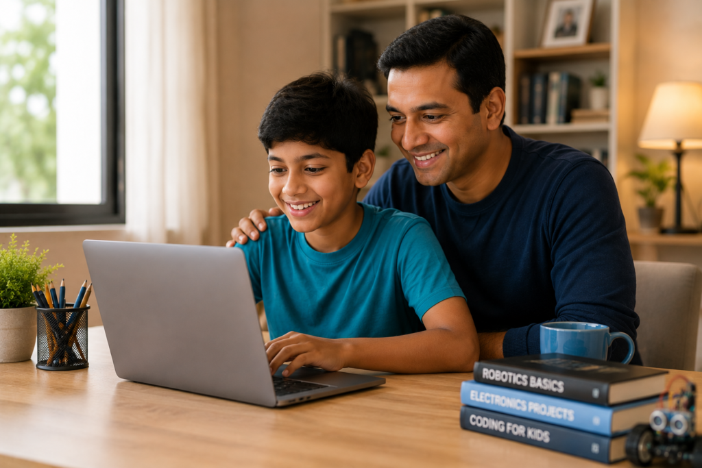 Parent and child exploring robotics courses together on a laptop in a warm home study setting