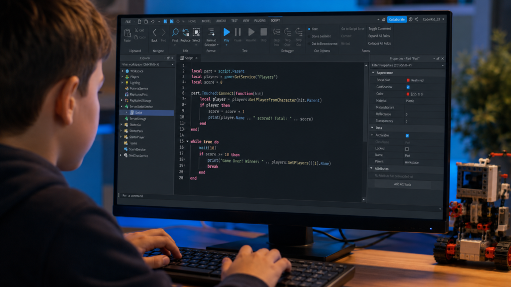 Child coding Lua scripts in Roblox Studio on a desktop PC with a LEGO robot in a STEM workspace.