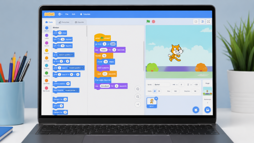 Close-up of laptop displaying Scratch 3.0 coding interface with colourful blocks and cartoon sprite on clean desk.