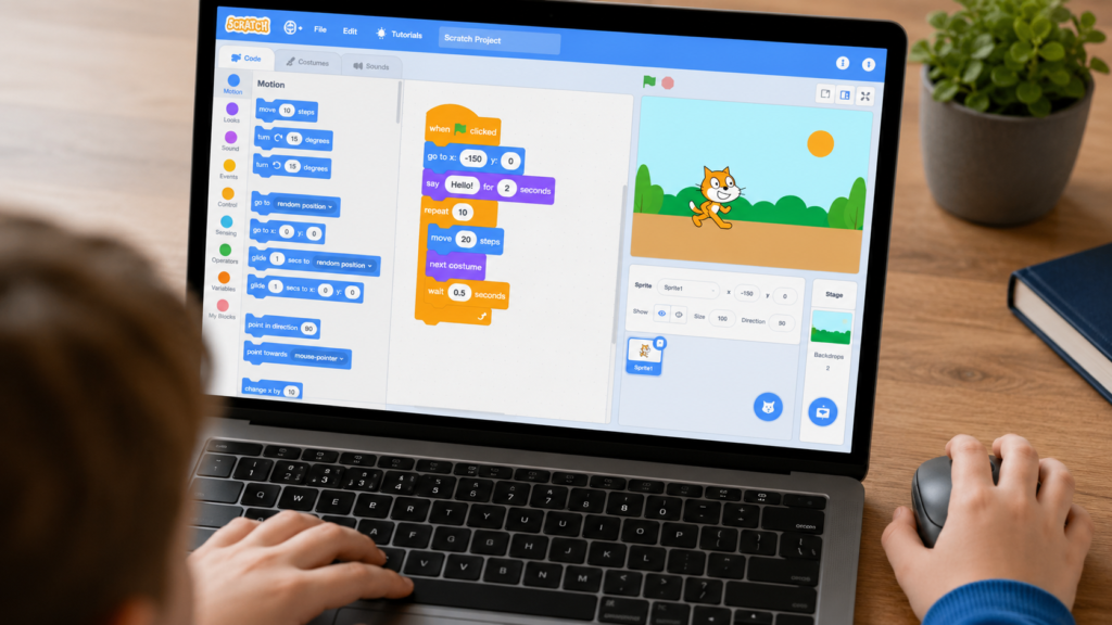 Scratch 3.0 coding interface showing colourful block-based programming for kids on a computer screen