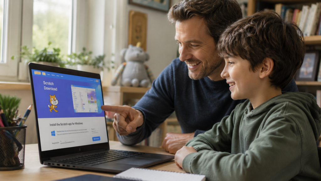 Parent and child smiling together while viewing Scratch download page on laptop in warm home office setting.