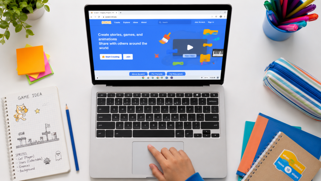 Top-down view of a Chromebook open to the Scratch homepage with a child’s hand on the trackpad and colourful stationery around the desk.