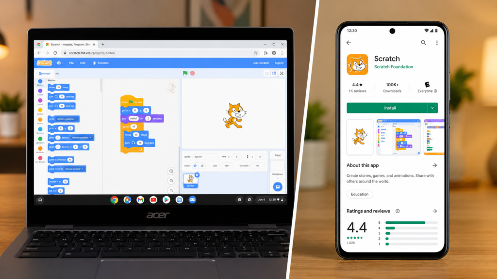 Chromebook with Scratch open beside an Android phone showing the Scratch app page in a warm, modern split-screen setup.