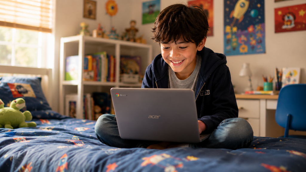 Child using a Chromebook in a cozy sunlit bedroom with colorful space-themed decor and a cheerful learning atmosphere.