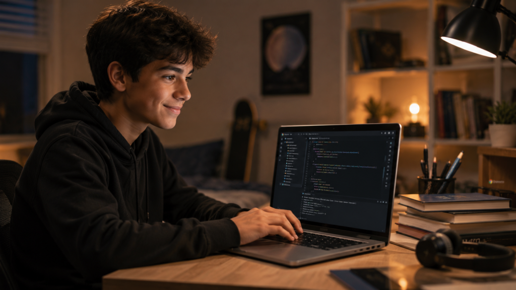 Teenager coding on a Chromebook with Python visible on screen in a warm modern bedroom study setup.