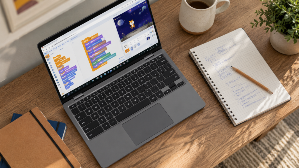 Overhead flat-lay of a Chromebook showing colourful coding blocks beside a notebook, pencil, and coffee mug.