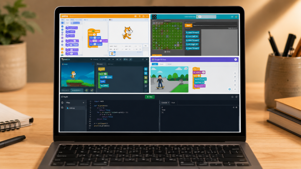 *Chromebook displaying a five-panel grid of coding platforms including Scratch, Code.org, Tynker, CS First, and Replit on a clean desk setup.
