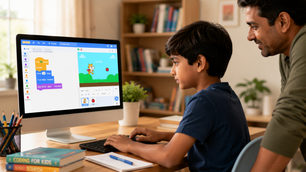 8-year-old child building a Scratch game project — coding classes for kids aged 7 to 9
