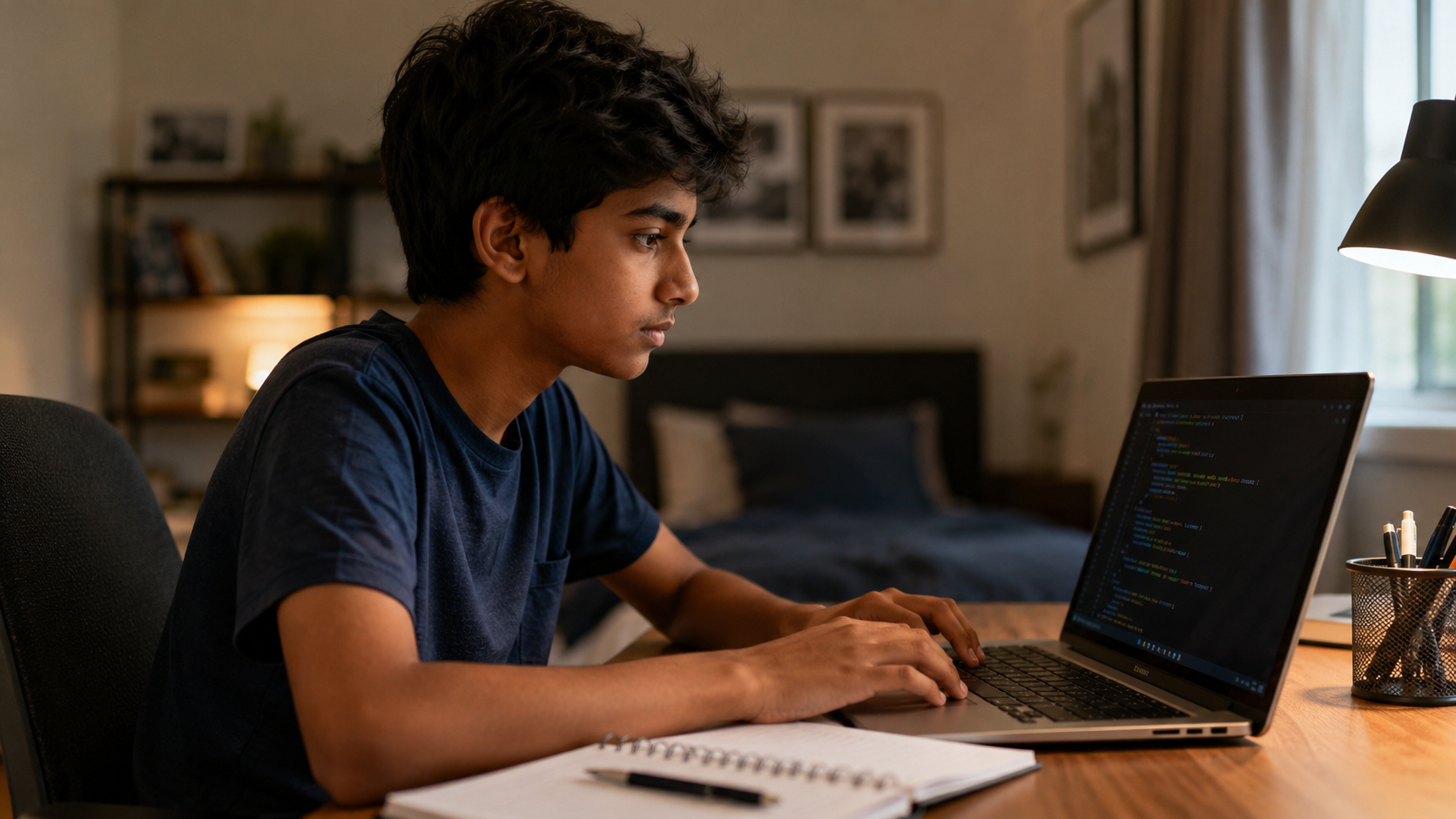A 14-year-old South Asian teenage boy sits at a clean wooden desk, focused on a laptop screen displaying lines of code.