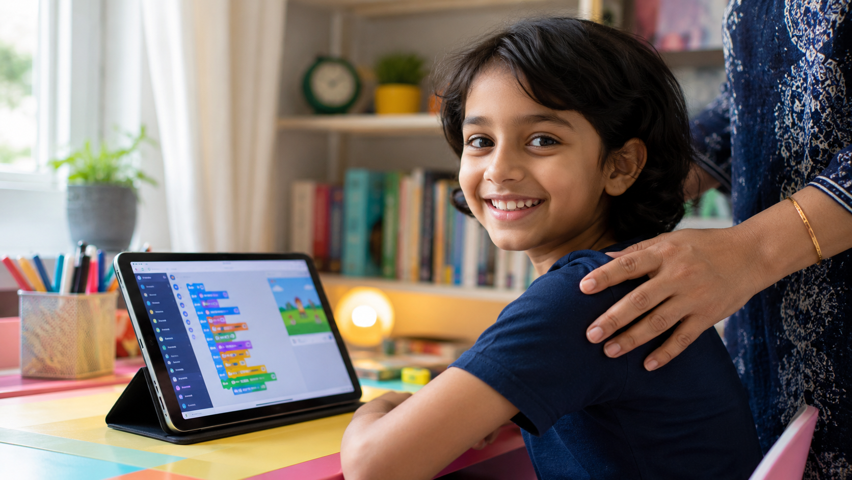 . An 8-year-old child (gender neutral, South Asian appearance) sitting at a colourful kids' desk smiling at a tablet showing a block-based coding interface