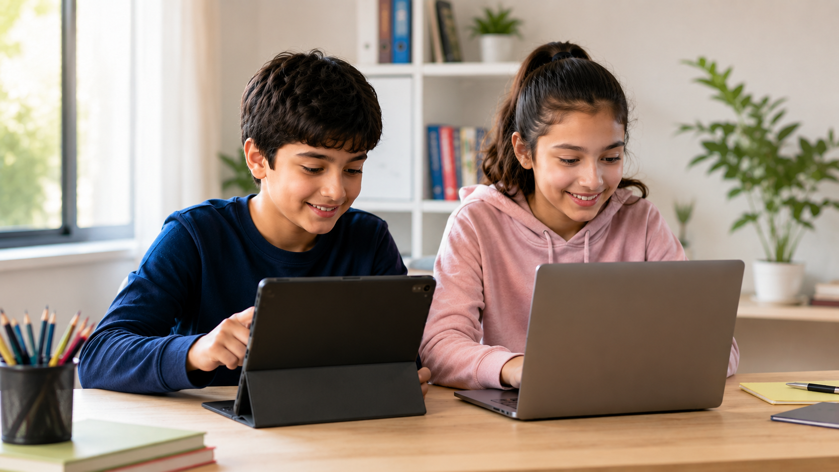 Child comparing AI vs coding classes for kids on a laptop and tablet at a home study desk