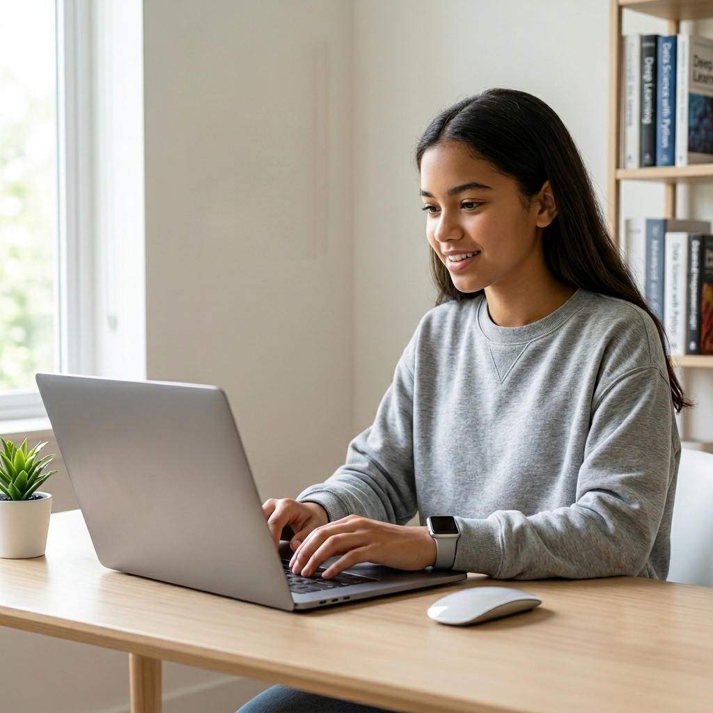 Teen student learning Python programming on a laptop in a modern study workspace for software engineering and AI development.