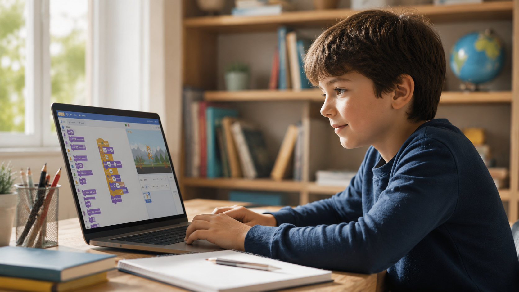 Young student exploring beginner coding on a laptop in a warm and organized study room.