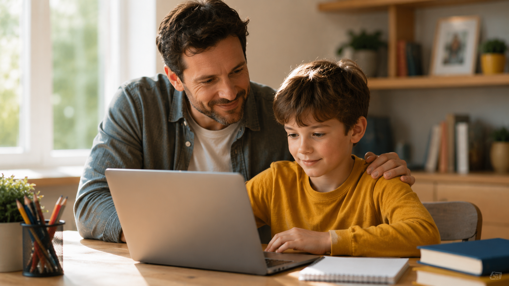 Parent and child exploring coding together on a laptop at a kitchen table at home.