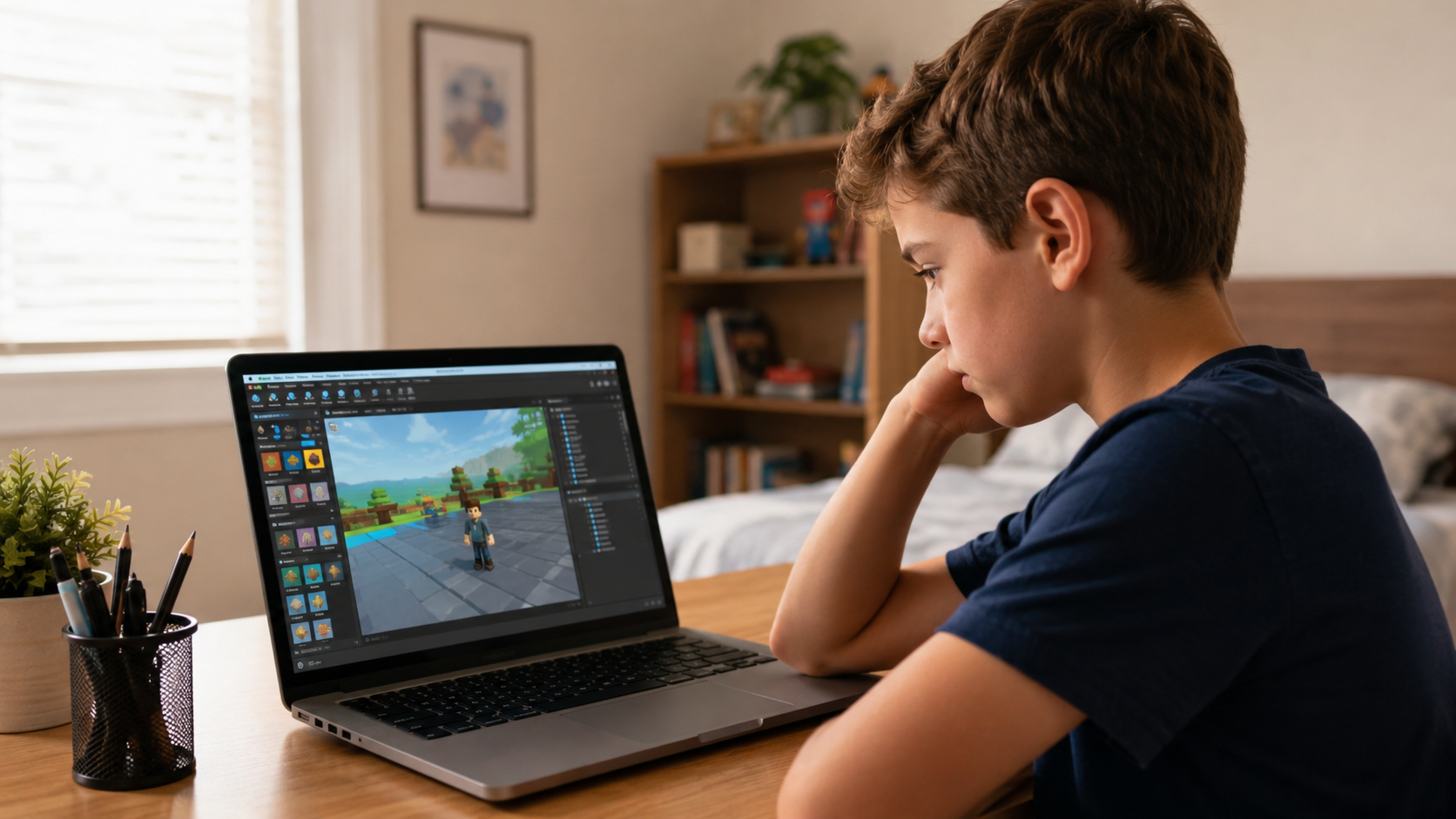 Child frustrated with Roblox Studio lagging on laptop at home desk