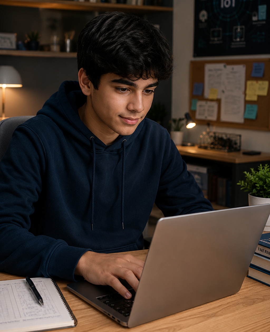 Teen student learning IoT engineering on a laptop in a modern study space with technology and smart systems learning materials.