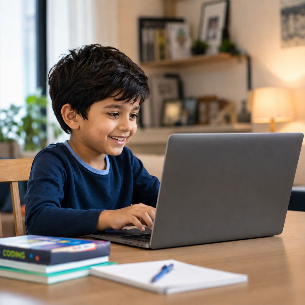 A young boy sits at a table in a warm, softly lit home interior, smiling while using a laptop in a focused and engaged learning moment. The background shows a calm living space with shelves, decor, and a cozy lamp, creating a comfortable and educational environment.