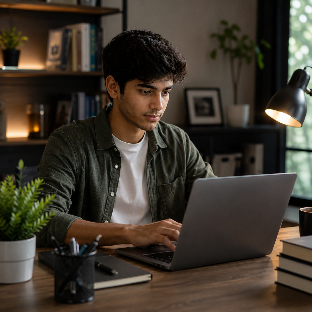 Teenage student working on a laptop in a modern study space, surrounded by books, plants, and warm lighting, representing focused learning, technology education, and future-ready skills.