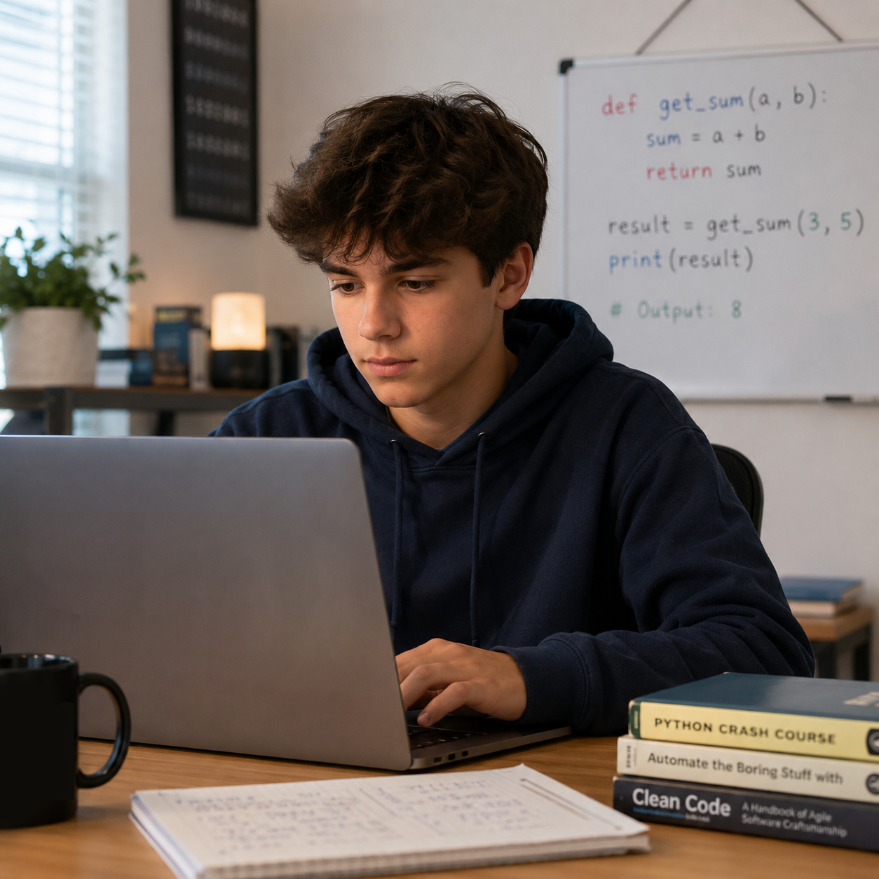 15-year-old student learning Python programming on a laptop in a modern study environment.