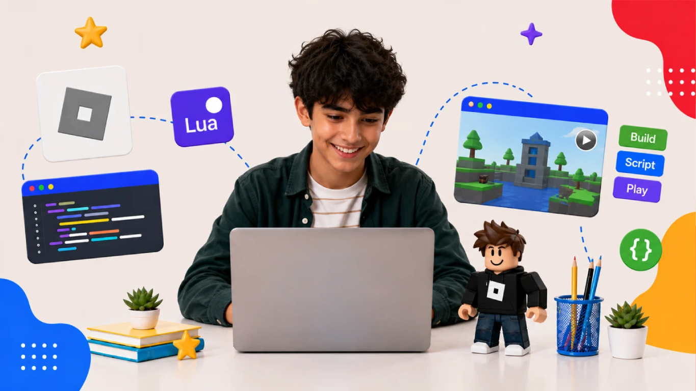 Teen student creating Roblox games on a laptop with Lua scripting, game-building tools, and interactive Roblox development visuals.
