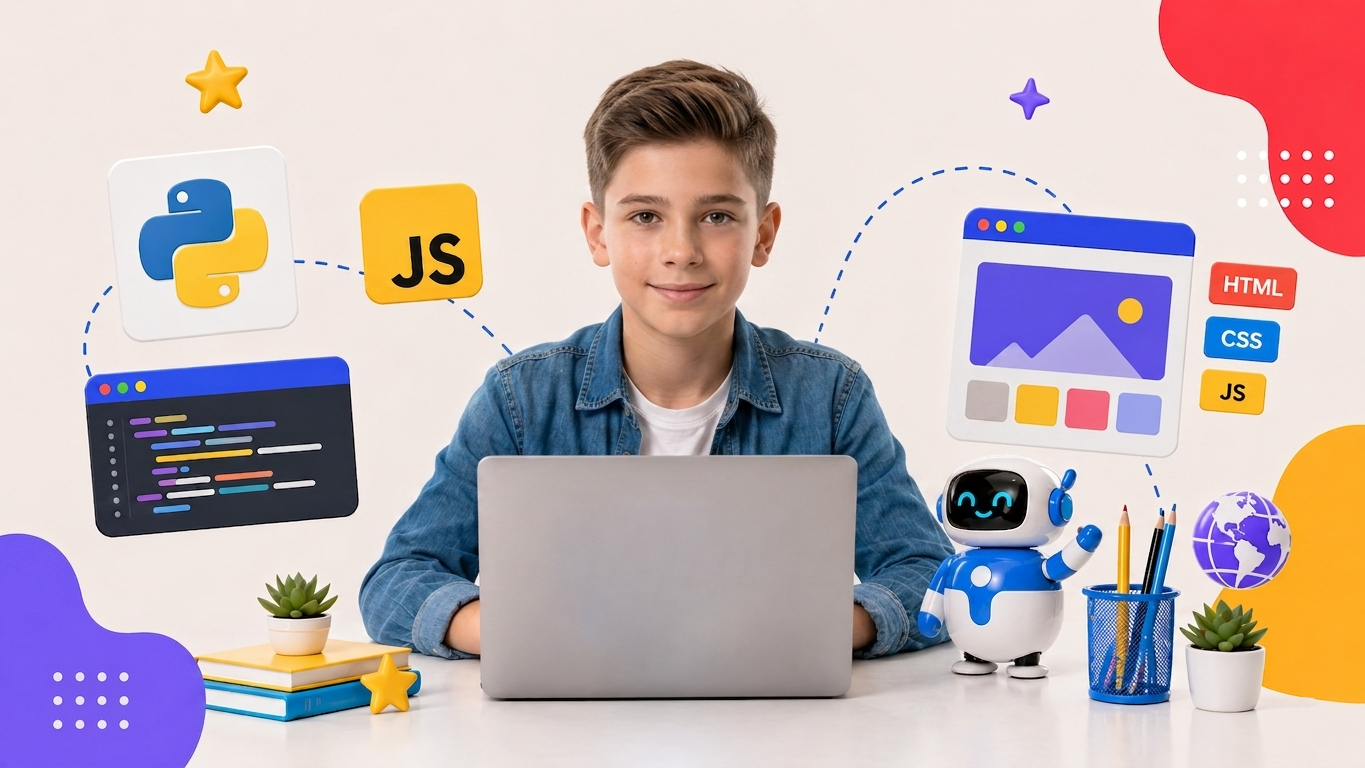 Teen student learning programming on a laptop with Python, JavaScript, and web development concepts in a modern coding workspace.